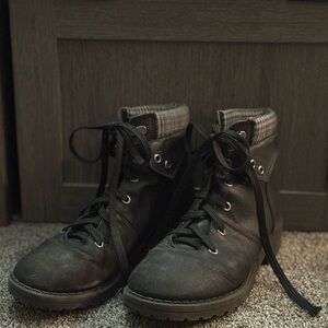 Black Lace-Up Boots with Plaid Detail